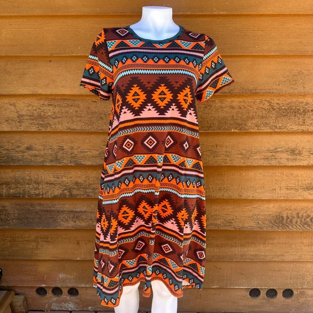 Lularoe Aztec Tribal Print Midi Dress Short Sleeve Made With Stretch Fabric Mult - Picture 1 of 9
